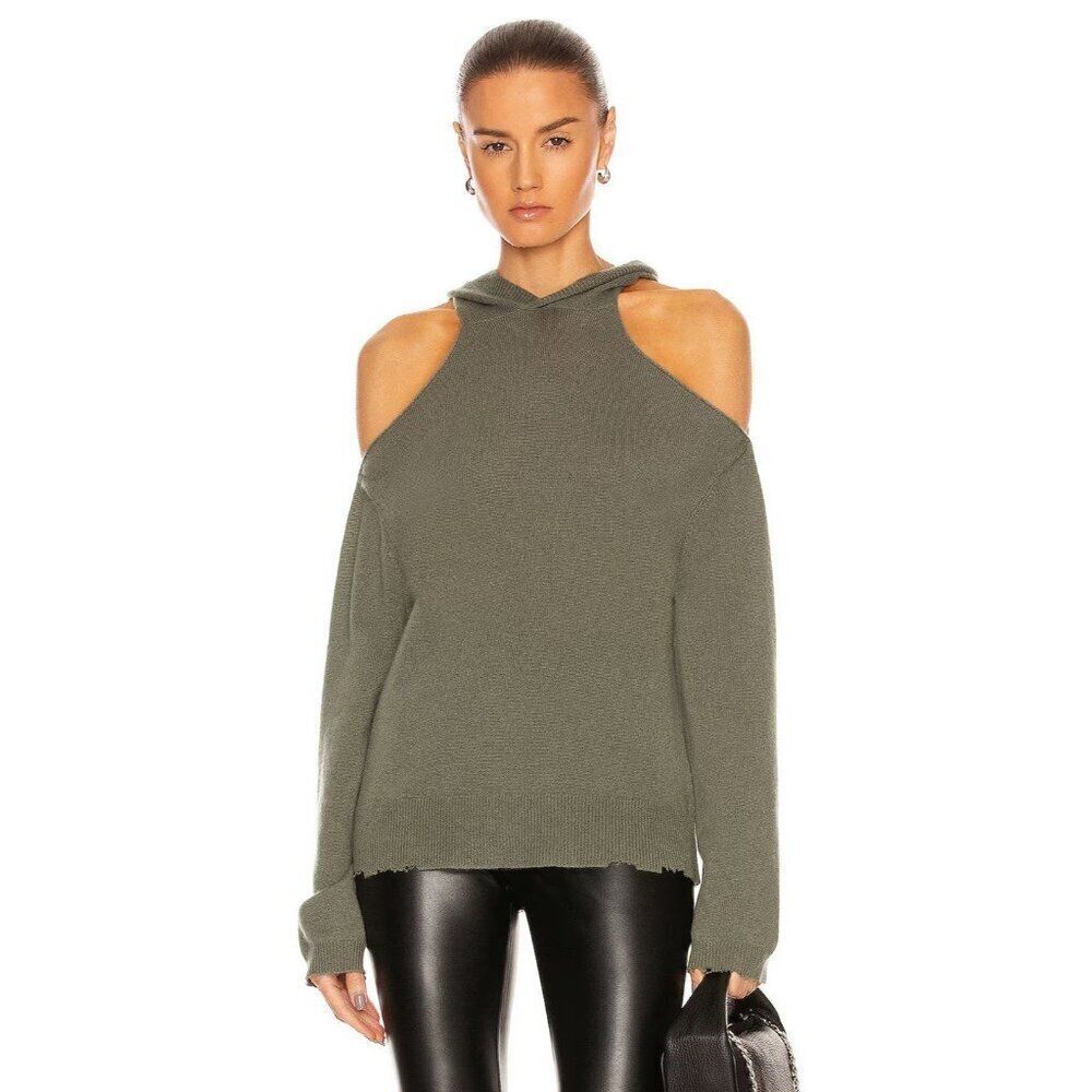 Rta Juno Cashmere Cold Shoulder Hooded Sweater Olive Green Womens Size Medium